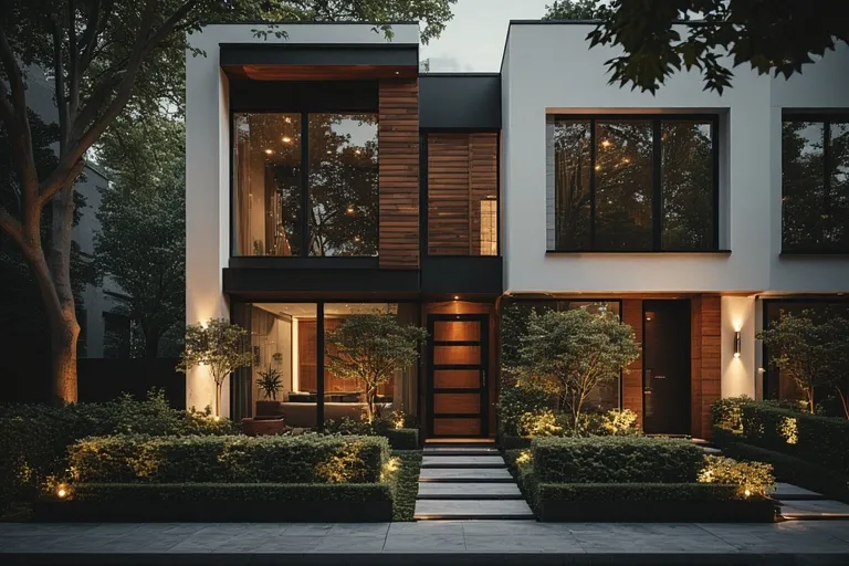 Full 16:9 view of a chic modern townhouse exterior with white stucco walls, wood panels, black-framed windows, and elegant urban landscaping in warm evening light.