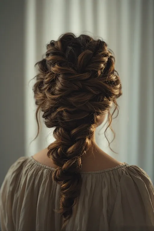 Modern fashion and style 7 Elegant braided updo hairstyle with intricate details and volume.