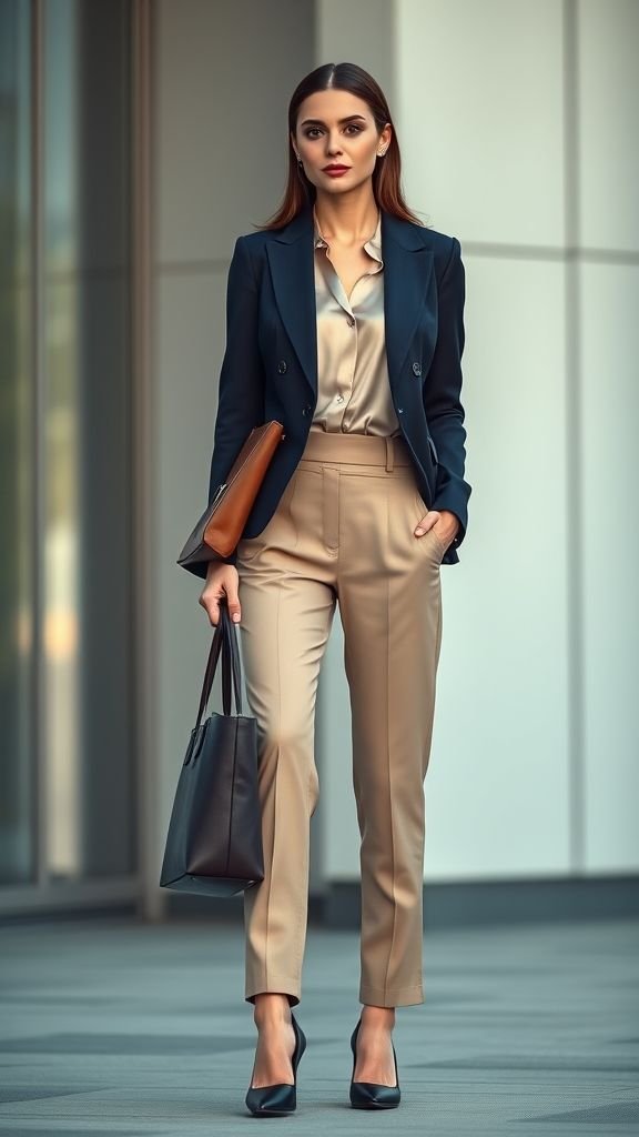 Outfit Ideas: Chic Looks for Every Season and Occasion 3 Chic workwear outfit with tailored trousers, silk blouse, and blazer