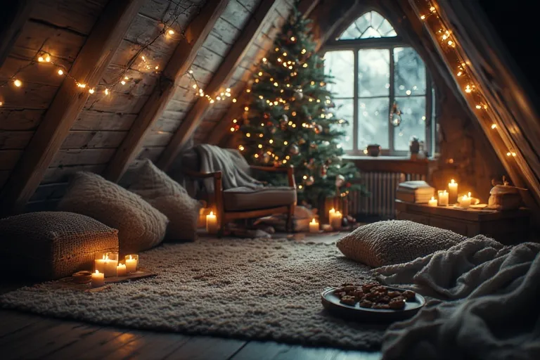 Christmas Reading Nook 10 Rustic loft Christmas reading nook with beams, fairy lights, and cozy seating.