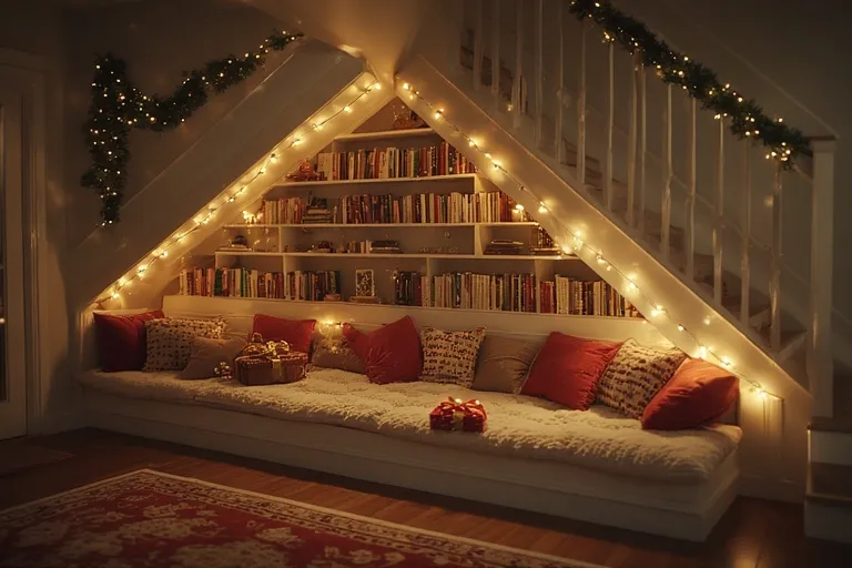 Christmas Reading Nook 16 Christmas reading nook under stairs with bookshelves, cushions, and twinkle lights.