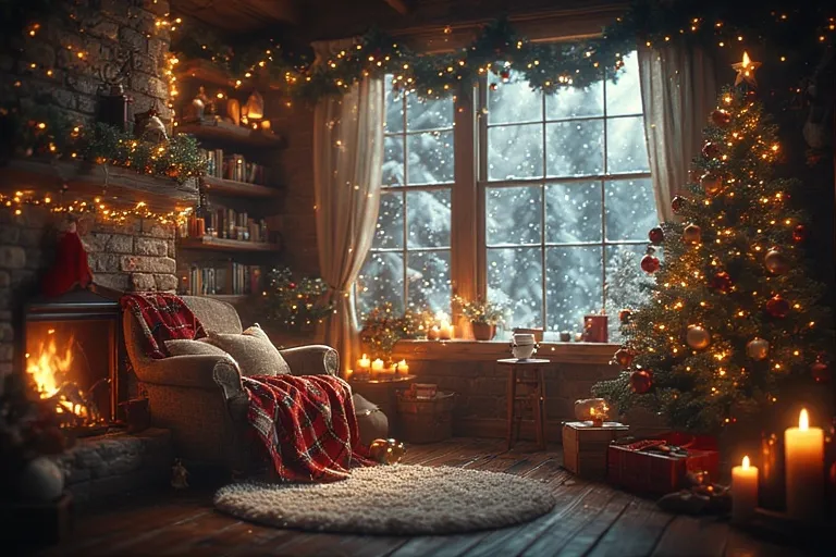 Full-view cozy Christmas reading nook with a fireplace, armchair, Christmas tree, bookshelves, fairy lights, and festive décor glowing in warm holiday light.