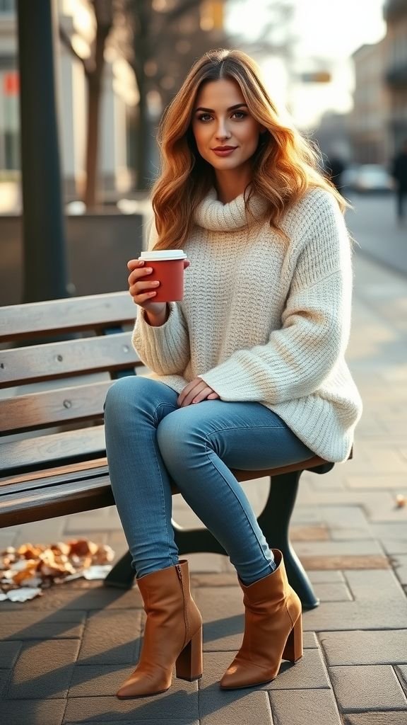 Winter Fashion Inspo: Stylish Cold-Weather Outfits for 2025 3 Woman in oversized knit sweater and jeans for cozy winter fashion.