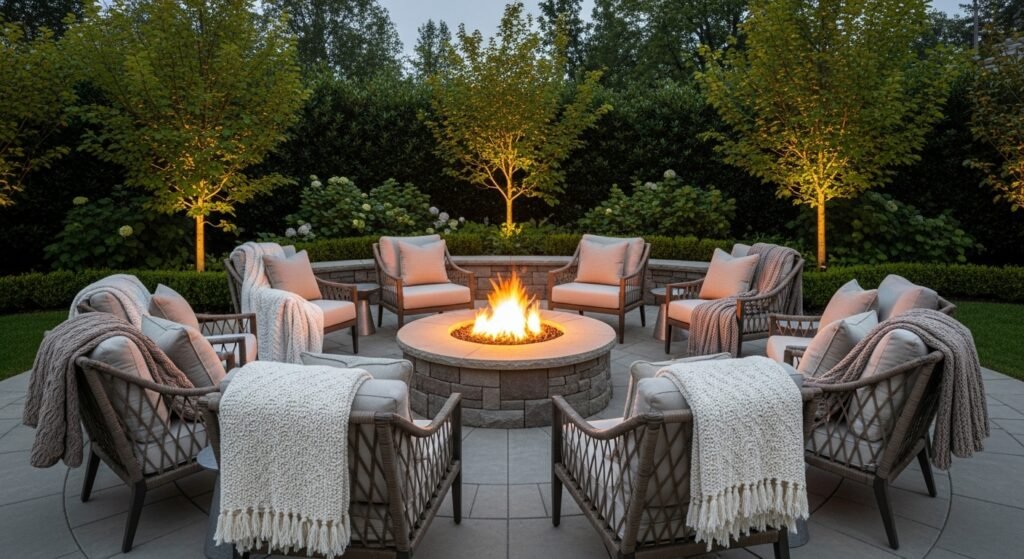16 Cozy and Modern Backyard Fire Pit Ideas 3 Circular fire pit seating with cozy chairs and blankets in a backyard.