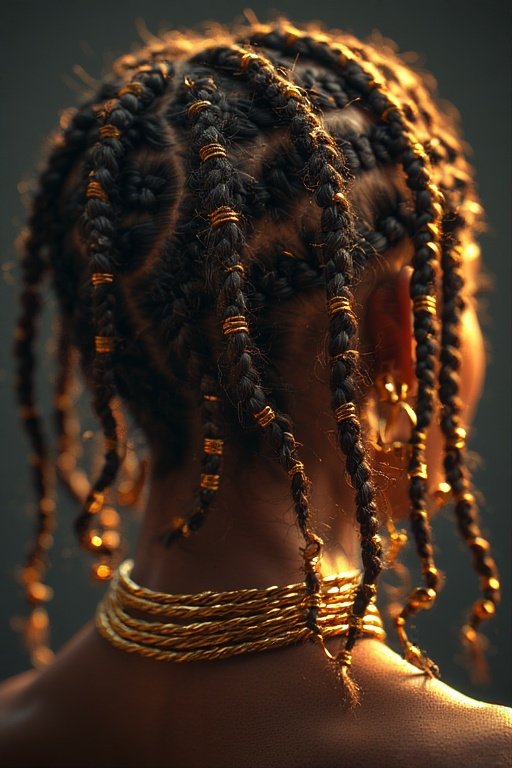 Classic box braids with curly ends and gold accessories for an elegant look.