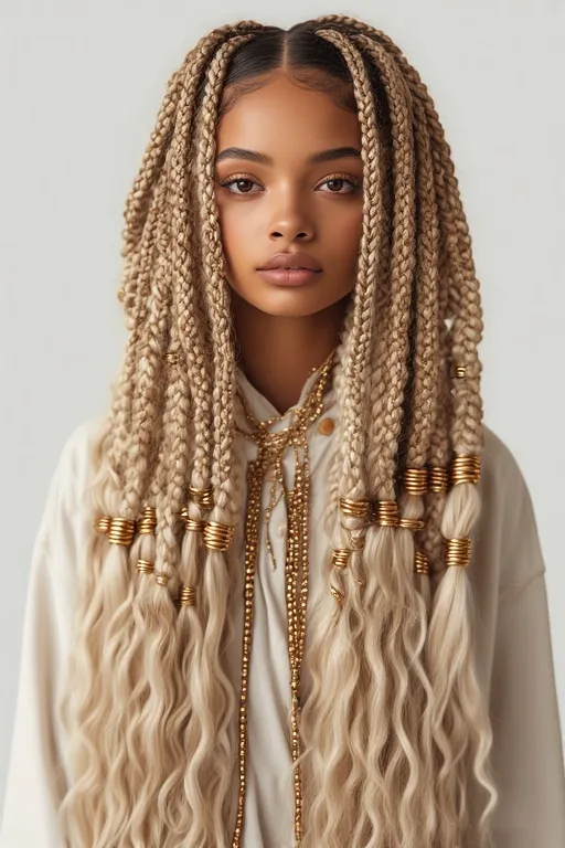 Beautiful Braided Curly Hairstyles 3 Classic box braids with curly ends and gold cuffs for a chic, protective style.