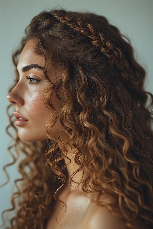 Braided & Curly Hairstyles 3 Woman with sleek braided front and curly ponytail, showing an elegant and timeless braided curly hairstyle.