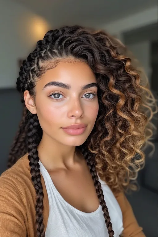 Beautiful braided and curly hairstyles guide 4 Classic box braids merging into curly hair for a modern, elegant look.