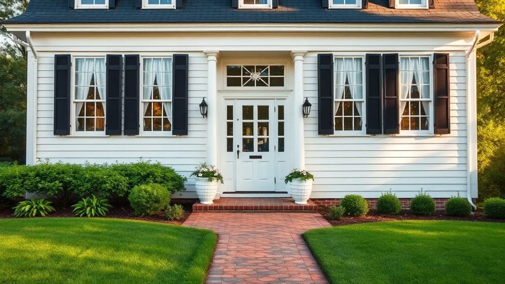 Stunning House Designs Exterior Ideas 3 Elegant white colonial-style home with black shutters, brick walkway, and lush green lawn illuminated by gentle morning sunlight.