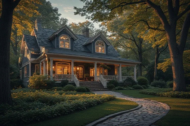 20 Cottage House Ideas You Will Love 2 Full 16:9 exterior view showing the entire dark blue-grey cottage with a lit front porch, white railings, and a stone pathway surrounded by golden-leaved trees.