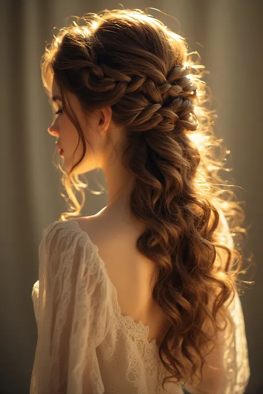 Beautiful braided curly hairstyles 3 Woman with a curly braided crown hairstyle featuring soft, flowing curls.