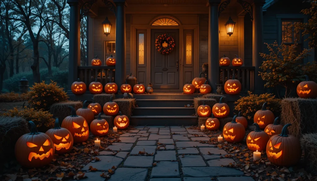 Spooky & Stylish Halloween Outdoor Decorations 2 Full-view of a front porch decorated with glowing carved pumpkins and autumn leaves for Halloween.