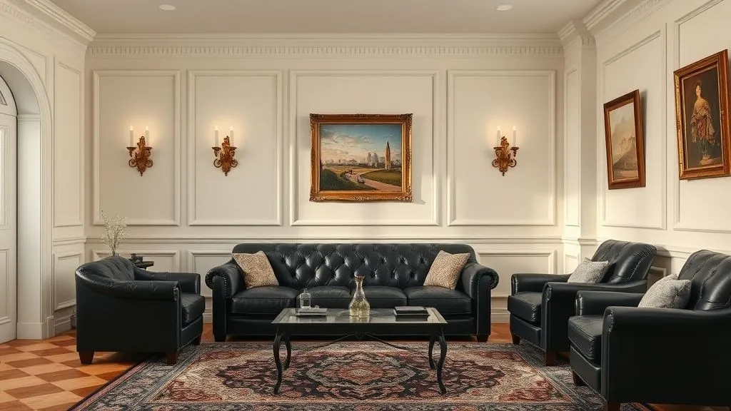 Black Couch Living Room Decor Ideas for a Stylish and Modern Home 13 Classic living room featuring black leather couch, Persian rug, and warm traditional décor.