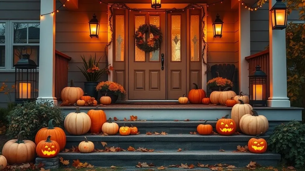 Spooky Halloween Outdoor Decorations 2 Front porch with glowing pumpkins, lanterns, and candles creating a warm, festive Halloween atmosphere.