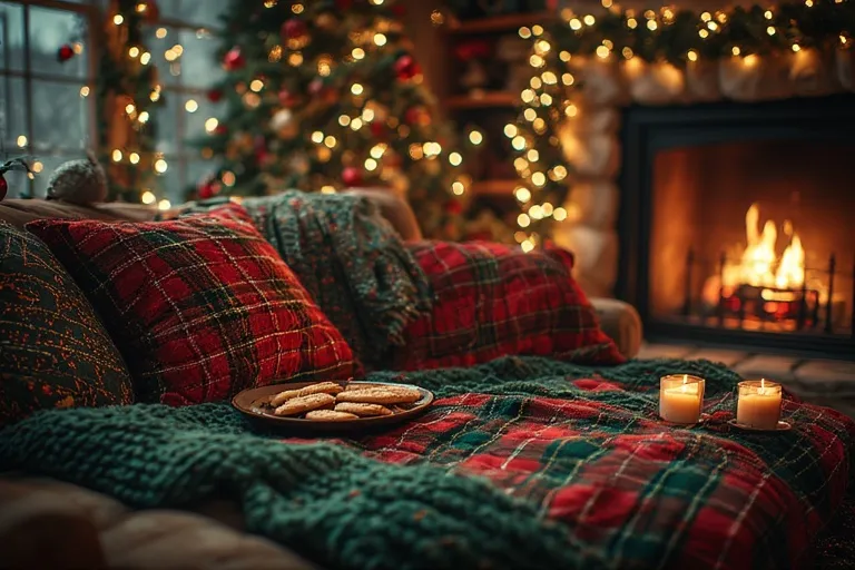Christmas Reading Nook 6 Classic red and green Christmas reading nook with plaid pillows and glowing lights.