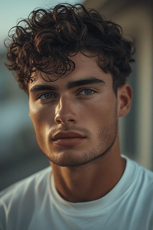 Trendy-Curly-Haircuts-For-Men 3 Man with short curly haircut featuring neat fade and defined curls.