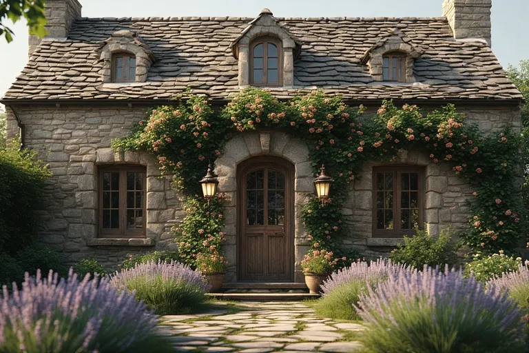 Charming Cottage Ideas for Timeless Comfort 2 Stone cottage with ivy, lavender, wooden shutters, and slate roof under warm sunlight, exuding timeless countryside charm.