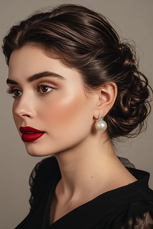 Chic Winter Style Looks for a Cozy & Trendy Season 4 Classic updo paired with a black dress symbolizing timeless elegance in fashion and hair.
