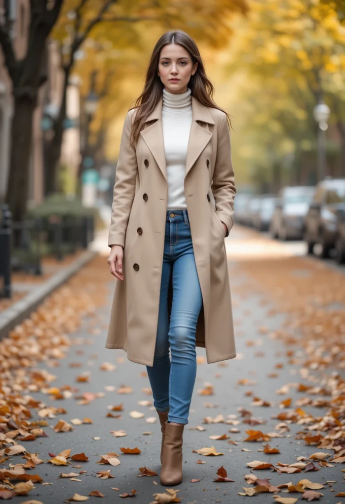 Chic Fall Outfits to Stay Cozy and Stylish This Season 2 Chic fall outfit featuring a classic beige trench coat over jeans and a turtleneck, perfect for a timeless autumn look.