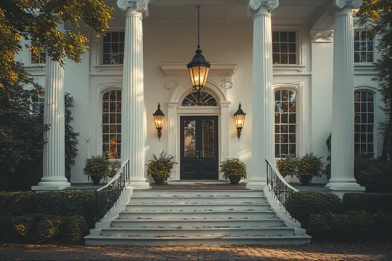 Chic Townhouse Exterior Designs 17 Full 16:9 view of elegant white townhouse exterior with columns and traditional entrance.
