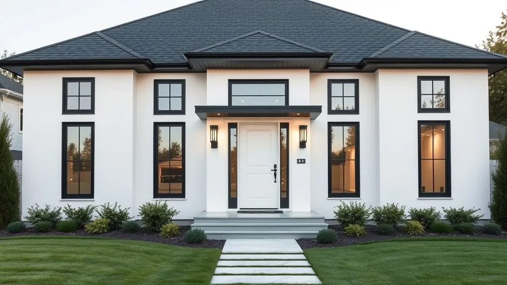Stunning House Designs Exterior Ideas 16 Beautiful white modern house with black trim, clean landscaping, and sleek lighting fixtures under soft daylight.