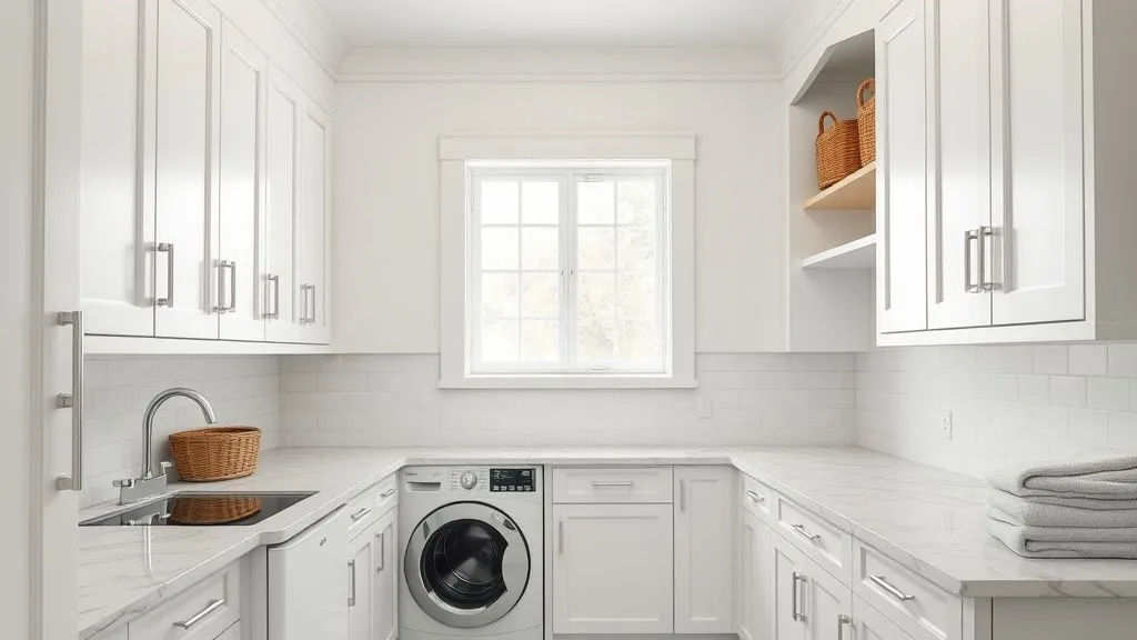 Classic white laundry room with marble counters and chrome fixtures.