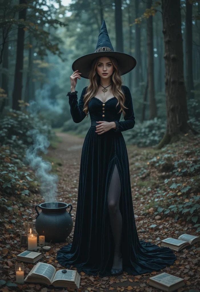 10+Spooky Halloween Outfit Ideas 3 A woman dressed as a witch in a black velvet gown and pointed hat posing in a candle-lit forest.