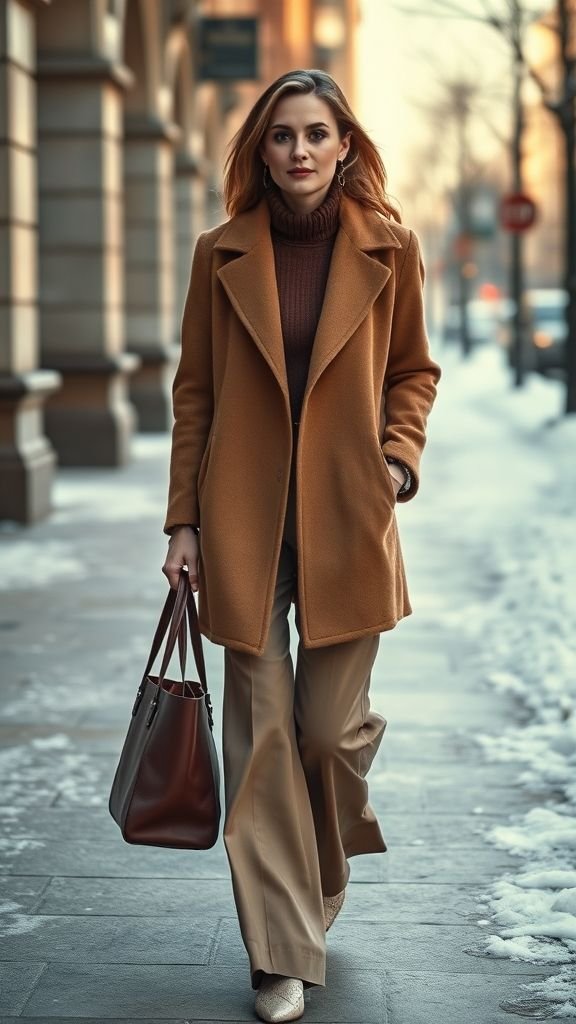 Winter Fashion Inspo: Stylish Cold-Weather Outfits for 2025 2 Woman in camel wool coat and trousers showing elegant winter style.