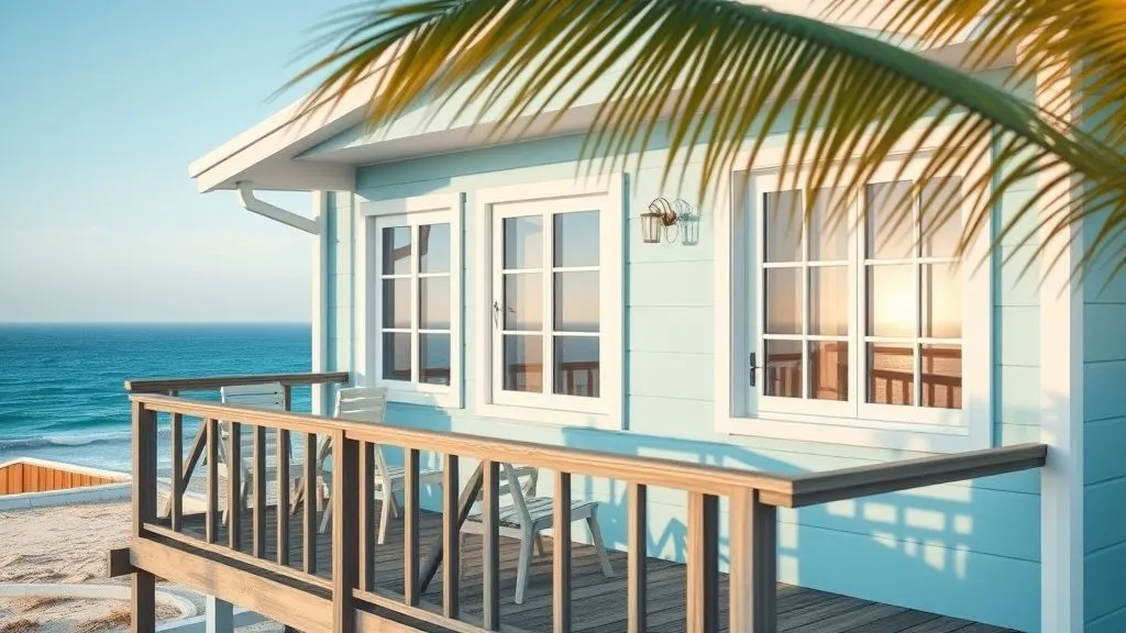 Stunning House Designs Exterior Ideas 11 Bright coastal beach house with pastel blue and white exterior, wooden balcony, and ocean backdrop in warm natural light.