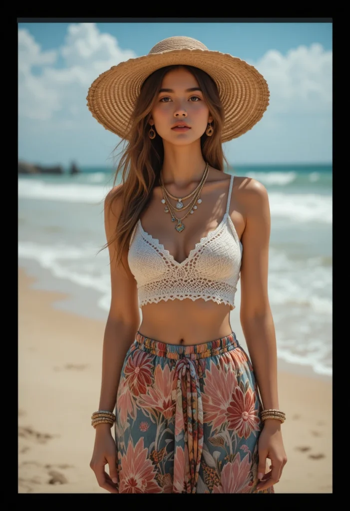 10+Chic Summer Style Inspiration Ideas 6 Boho-inspired beach outfit with crochet top and patterned skirt, perfect for coastal summer style.