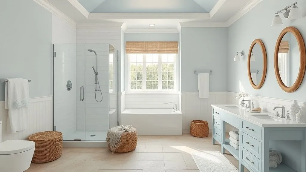 Master Bathrooms with Walk-In Showers 14 Coastal-inspired bathroom with blue accents, walk-in shower, and light beach tones.