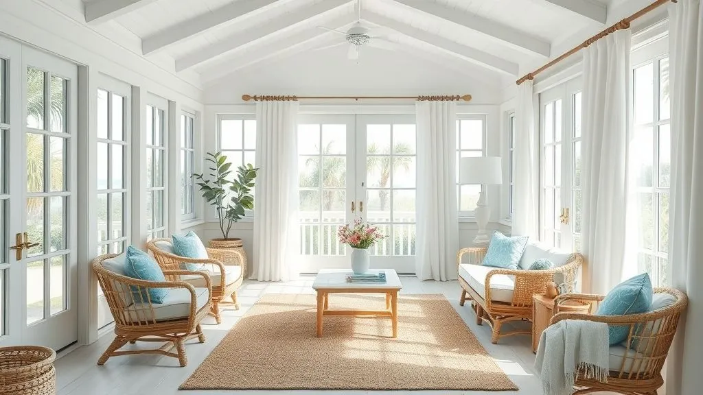 Bright & Cozy Sunroom Ideas 8 Coastal white sunroom with blue accents, rattan furniture, and beachy textures.