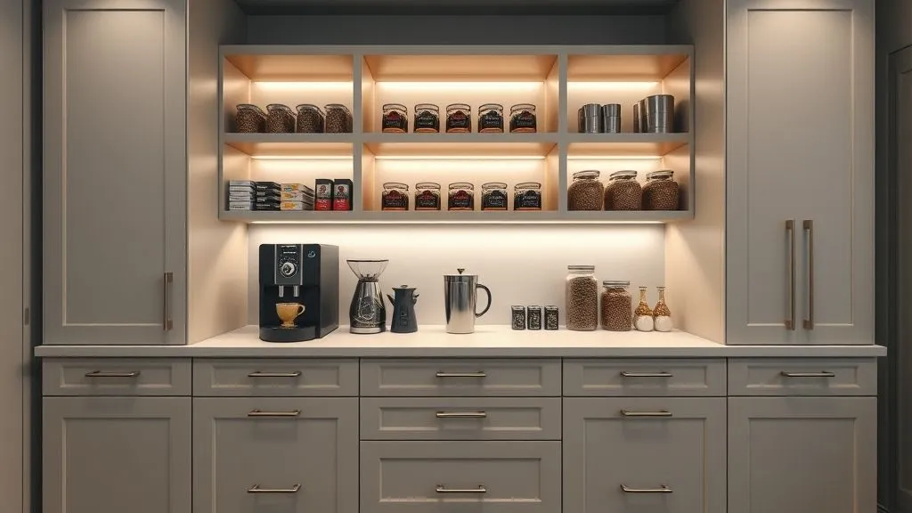 Cozy Coffee Bar Ideas for Every Home 14 Coffee bar with built-in storage and elegant under-cabinet lighting.