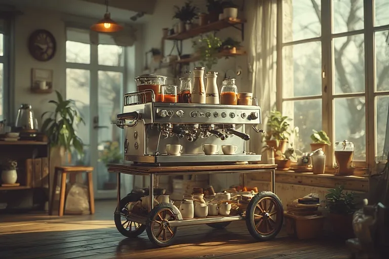 Cozy Coffee Bar Ideas for Every Home 8 Mobile coffee cart with mugs and espresso machine styled for small home spaces.