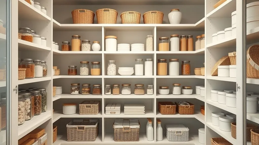 Kitchen and Pantry Organization 19 Full-view pantry styled in a color-coordinated theme with matching jars and baskets.