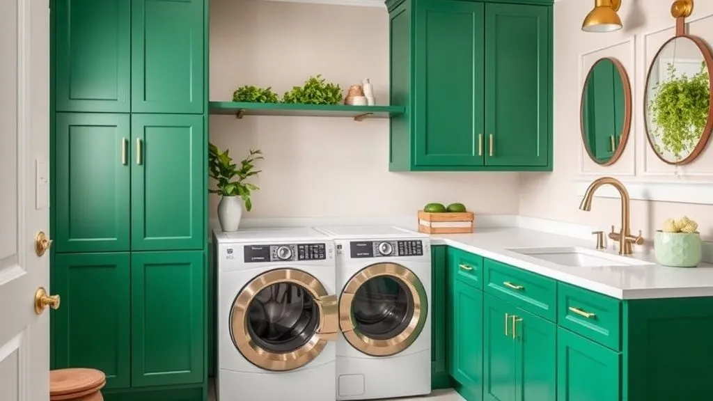 Colorful laundry room with green cabinets and gold hardware.