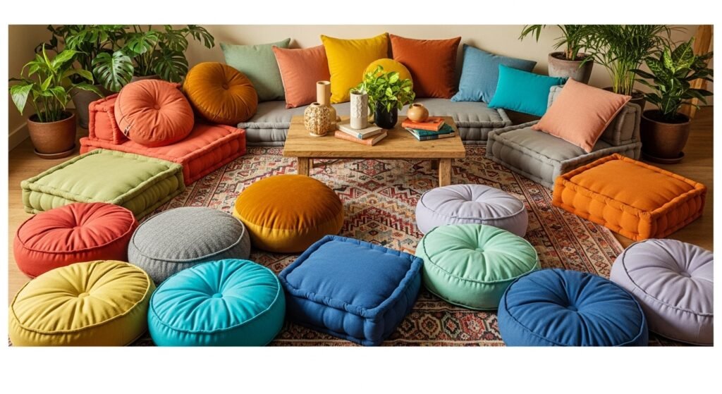 16 Stylish Ideas for Decorating with Comfy Floor Cushions 4 Cozy living space featuring floor cushions of mixed shapes and colors arranged on a patterned rug.