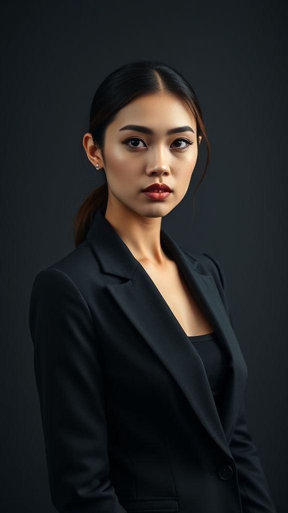 All Black Outfit: Timeless Sophistication in Every Style 11 Confident woman in tailored black suit posing against a dark backdrop, embodying timeless simplicity.