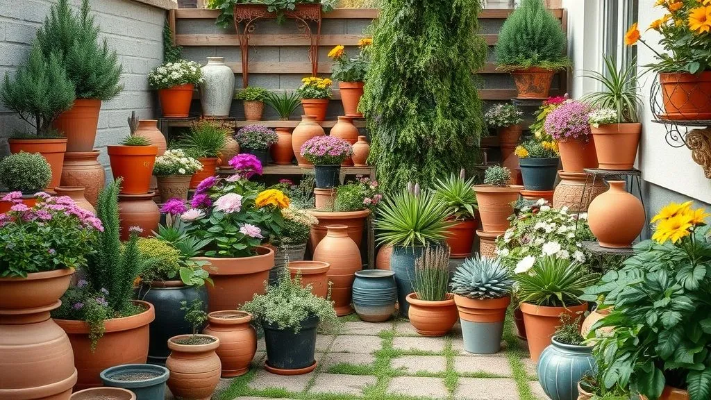 Colorful container garden with mixed pots and vibrant plants.