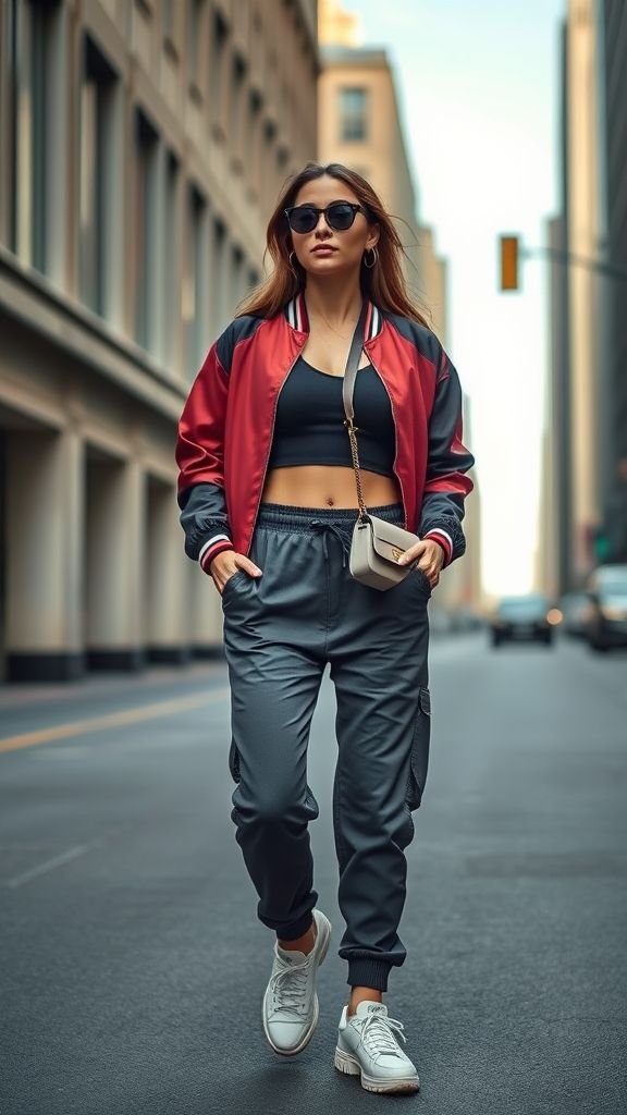 Street Style Looks: Trendy Outfit Ideas for Everyday Fashion 3 Modern athleisure street style with bomber jacket, joggers, cropped top, and statement sneakers