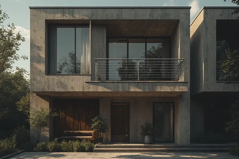 Chic Townhouse Exterior Designs 15 Full 16:9 view of modern concrete townhouse with glass and metal accents.