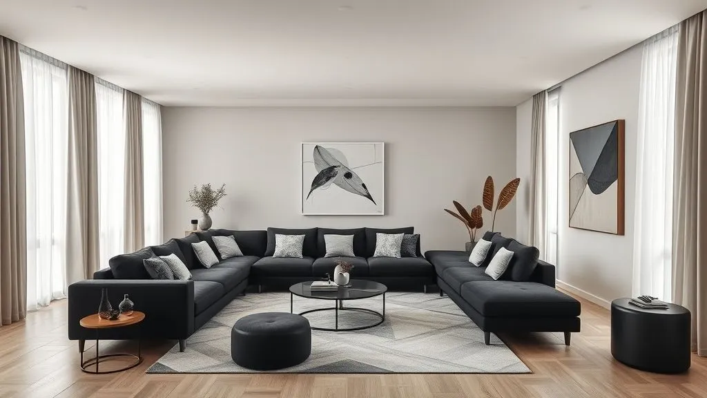 Black Couch Living Room Decor Ideas for a Stylish and Modern Home 7 Contemporary living room with black sectional, neutral tones, and modern geometric décor.