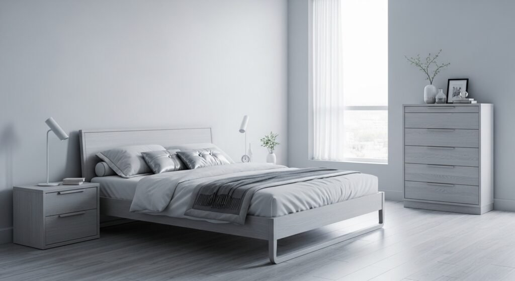 10 Elegant Bedroom Interiors for Modern Homes 7 Minimalist elegant bedroom with soft gray furniture and white decor.