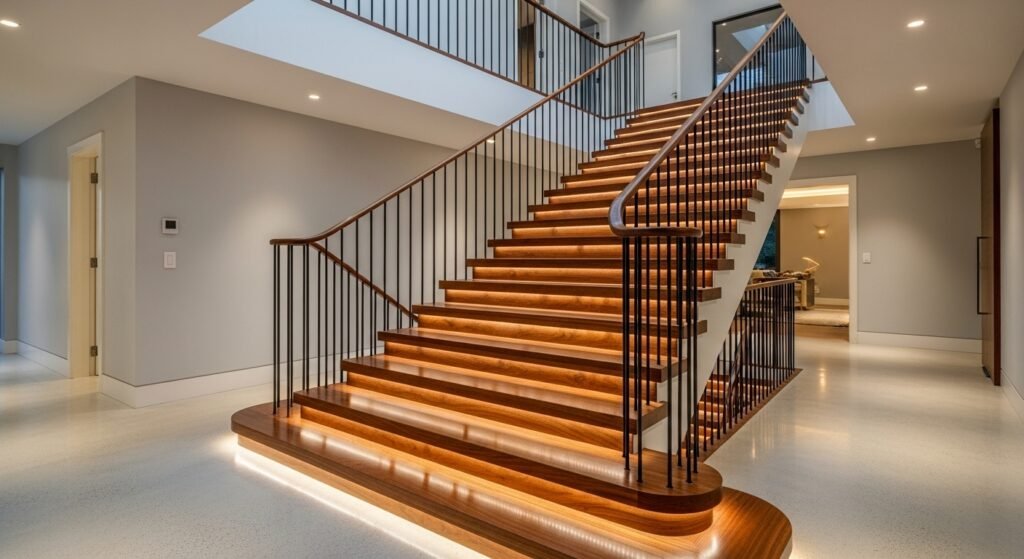 Town House Decorating Ideas: Stylish Tips for Every Space 9 Elegant townhouse staircase with wood steps and LED accent lighting.