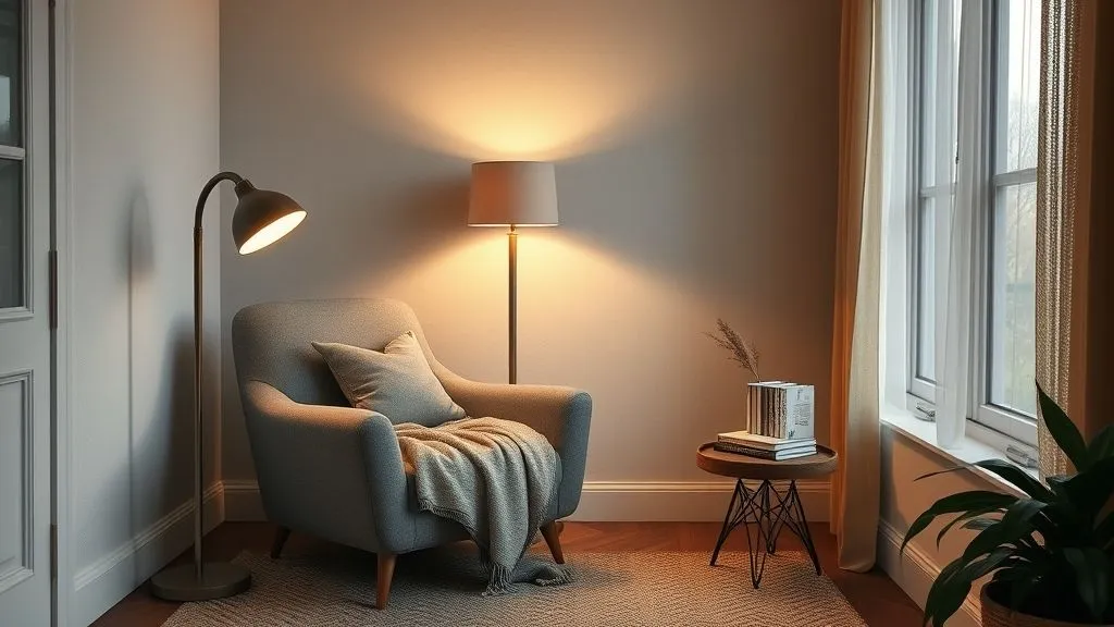 Beautiful and Cozy Reading Nook Ideas 7 Corner reading nook with armchair, floor lamp, and cozy decor.