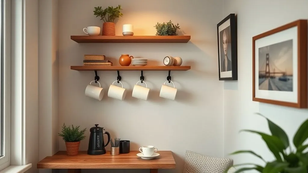 Cozy Coffee Bar Ideas for Every Home 13 Corner coffee bar with wall hooks, framed art, and cozy wooden shelving.