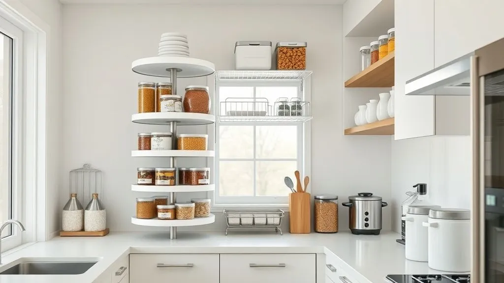Kitchen Organization Ideas for a Clean and Functional Space 8 Corner kitchen pantry with lazy susans and organized shelves.