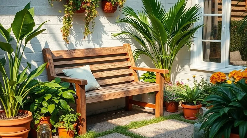 Inviting garden corner with wooden bench and lush plants.