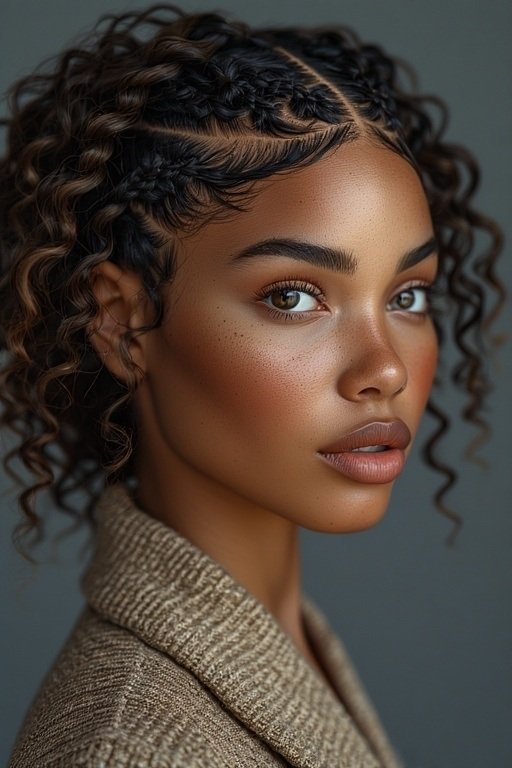 Braided & Curly Hairstyles 9 Cornrow hairstyle with curly ends combining culture, precision, and creativity.