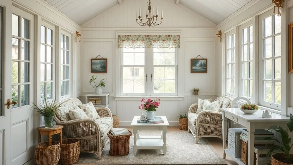 Bright & Cozy Sunroom Ideas 19 Cottage-style sunroom with floral cushions, white furniture, and wicker accents.